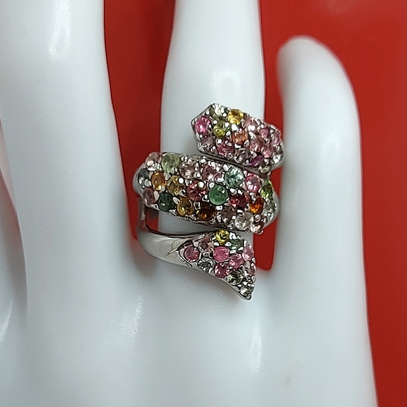 Natural Tourmaline 3mm 14K White Gold on 925 Sterling Silver Ring Sz 6.5 - Picture 5 of 10